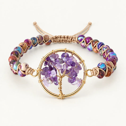Pulsera VIOLETTA de jaspe violeta en doble vuelta con charm dorado del árbol de la vida y chips de amatista
