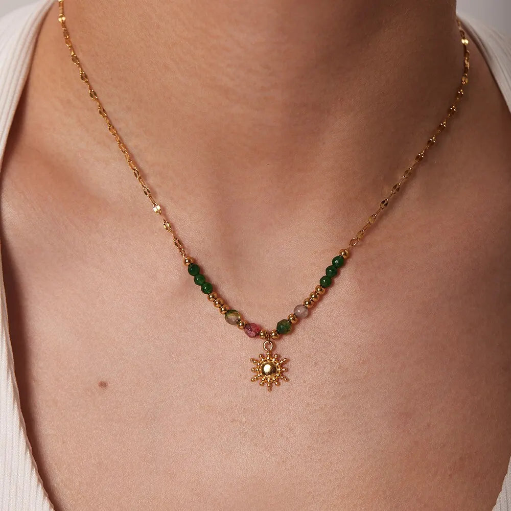 Sun Amulet choker with natural aventurine stone plated in 18k gold 
