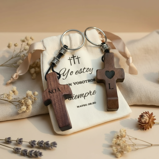 Personalized Wooden Cross Keychain with Name and Initial