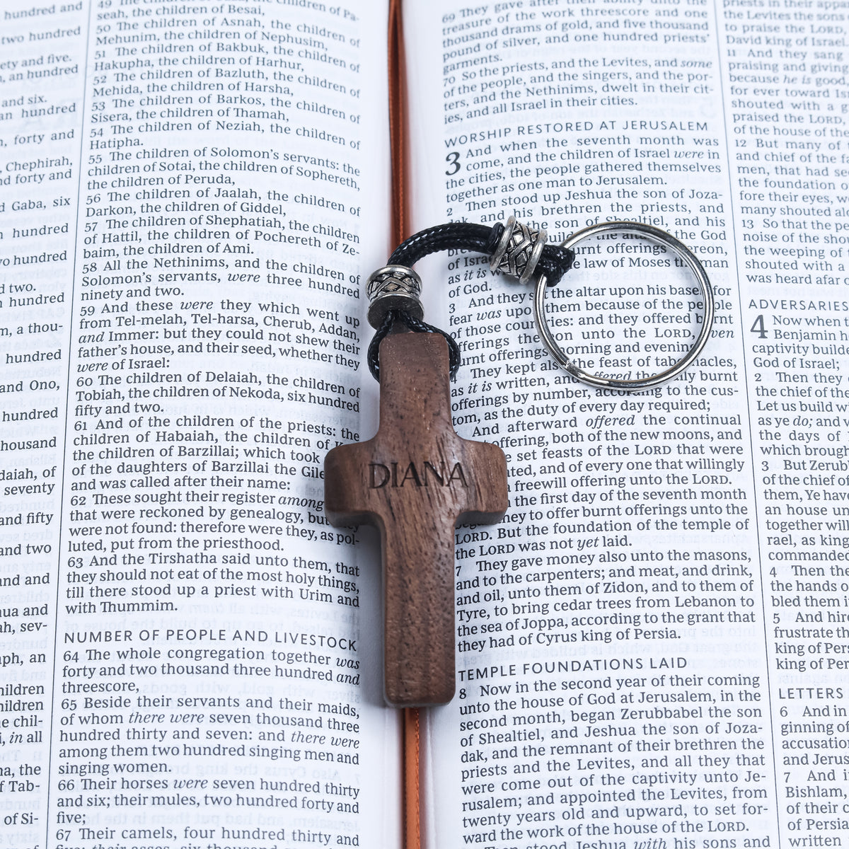 Personalized Wooden Cross Keychain with Name and Initial