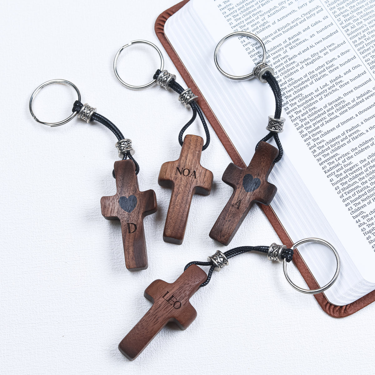 Personalized Wooden Cross Keychain with Name and Initial