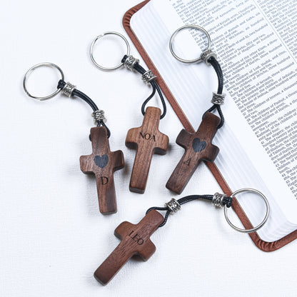 Personalized Wooden Cross Keychain with Name and Initial