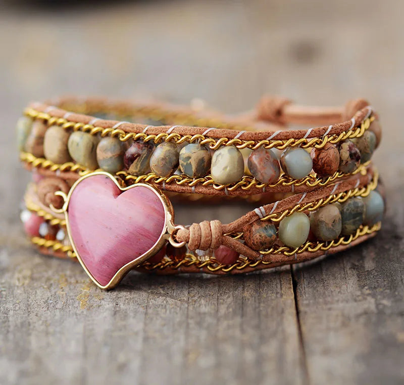 RHODONITE BRACELET Triple Layer (BOHO STYLE) - Healing Natural Stone Bracelet 