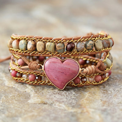 RHODONITE BRACELET Triple Layer (BOHO STYLE) - Healing Natural Stone Bracelet 