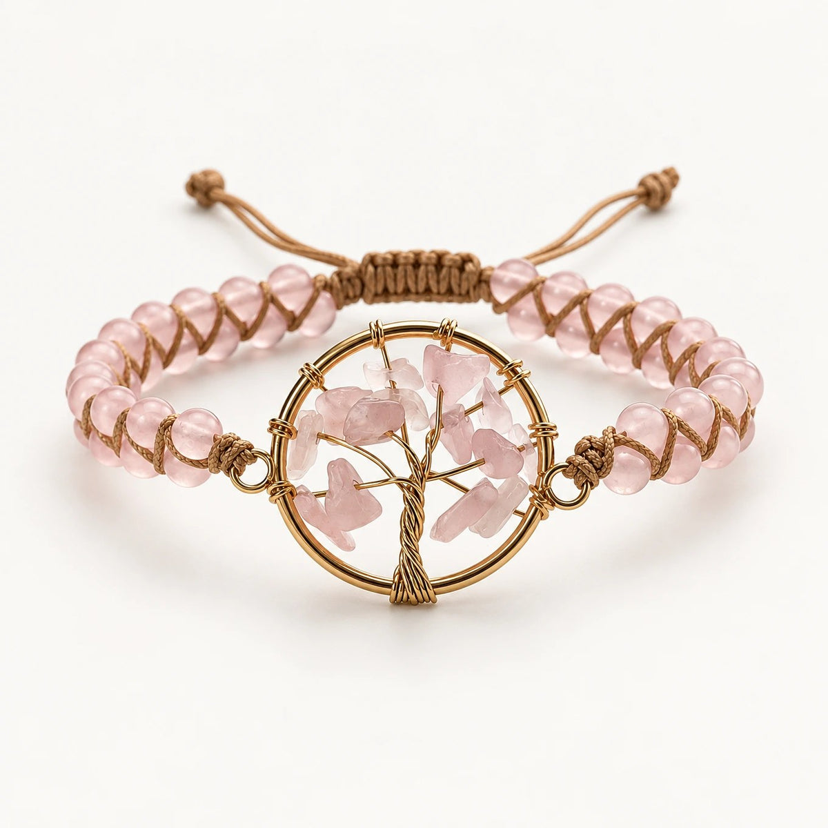 Pulsera DOLCE de cuarzo rosa natural en doble vuelta con charm dorado del árbol de la vida