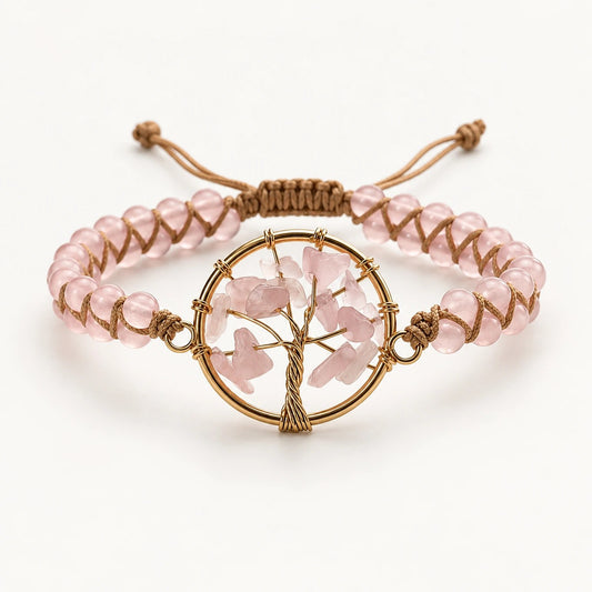 Pulsera DOLCE de cuarzo rosa natural en doble vuelta con charm dorado del árbol de la vida